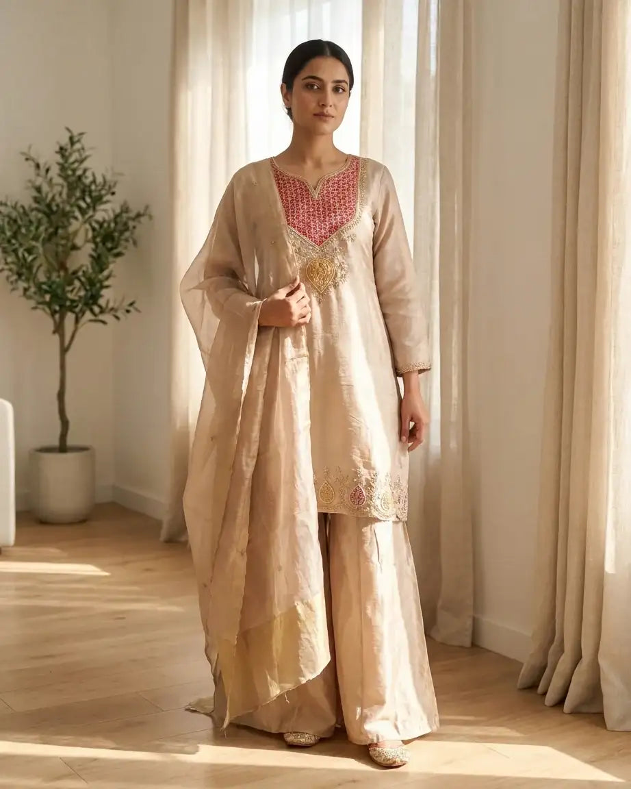Tissue Short Kurta & Gharara Set — Champagne | Zardozi Hand Work | Pink Neckline | Gold Zari Hem | M'Foks