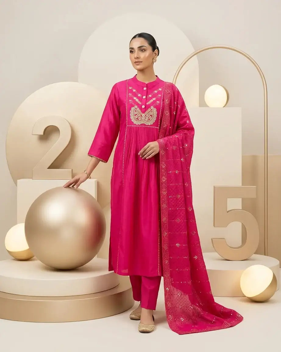 Mal Chanderi A-Line Suit Set — Fuchsia | Zari & Lace Yoke | Sequin Dupatta | 3-Piece | M'Foks