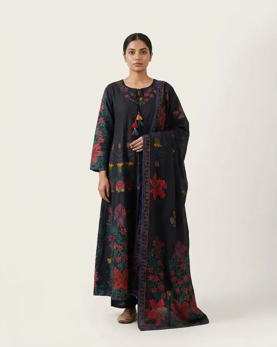 Pure Cotton Anarkali Suit Set — Navy Blue | Digital Botanical Floral Print | Matching Dupatta | M'Foks