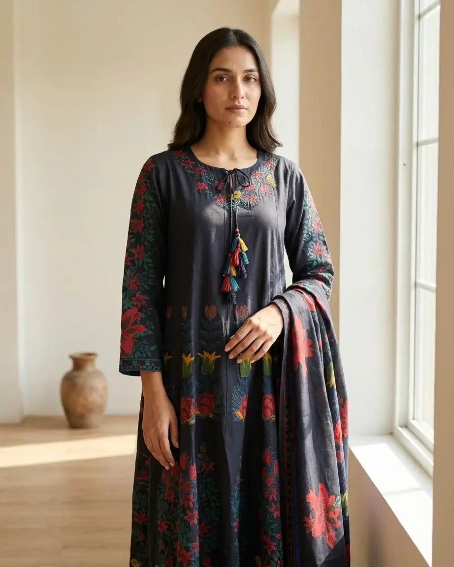 Pure Cotton Anarkali Suit Set — Navy Blue | Digital Botanical Floral Print | Matching Dupatta | M'Foks