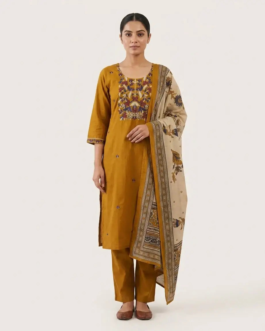 Pure Cotton Straight Suit Set — Mustard | Floral Thread Yoke | Mirror Work | Digital Print Dupatta | M'Foks