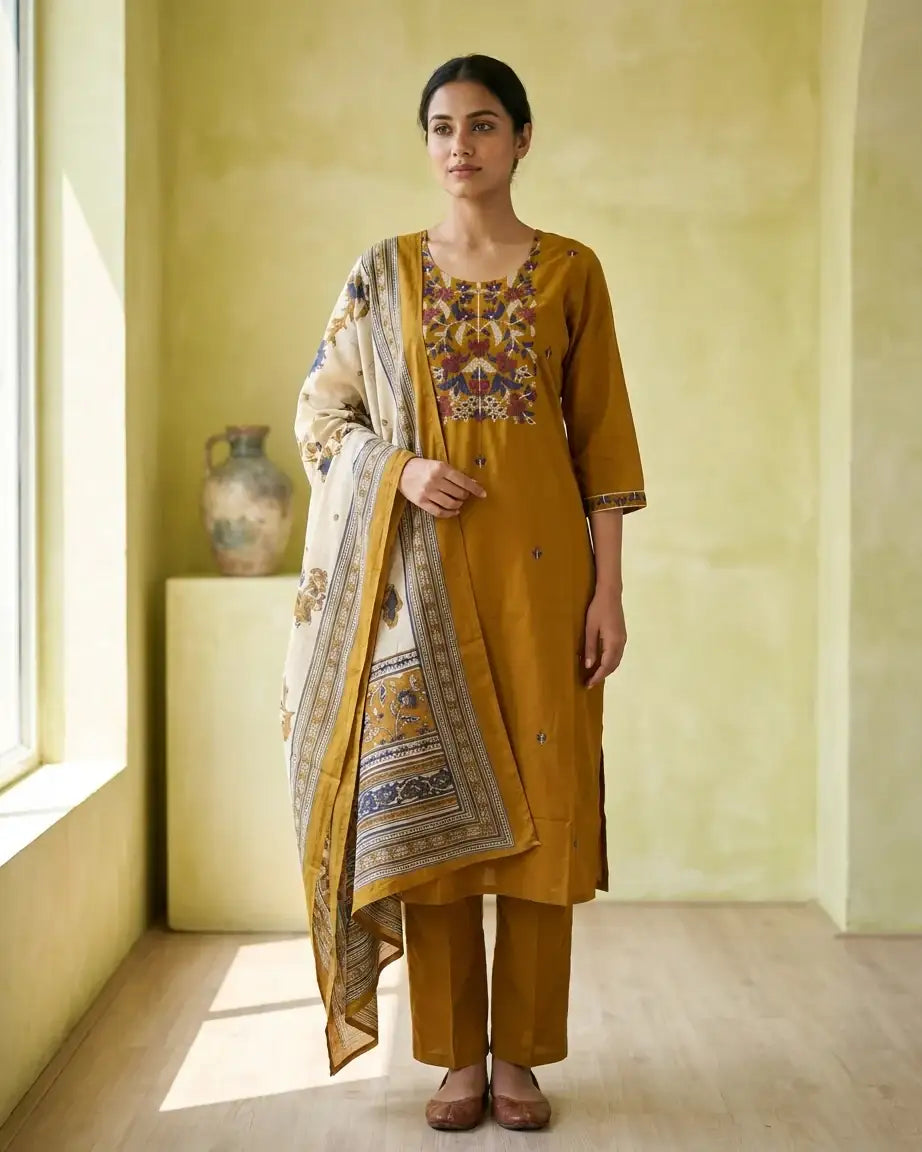 Pure Cotton Straight Suit Set — Mustard | Floral Thread Yoke | Mirror Work | Digital Print Dupatta | M'Foks