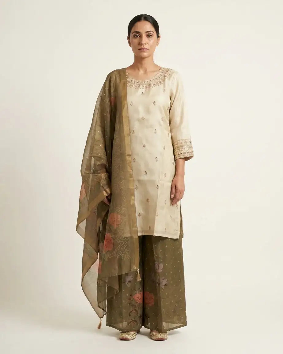 Tissue Short Kurta & Palazzo Set — Beige & Olive | Zari Crystal Neck | Digital Floral Print | M'Foks
