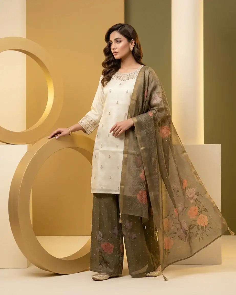 Tissue Short Kurta & Palazzo Set — Beige & Olive | Zari Crystal Neck | Digital Floral Print | M'Foks