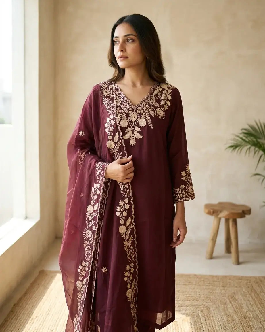 Natural Crepe Short Kurta & Palazzo Set — Wine | Peeta Dabka Hand Work | Gold Thread Embroidery | M'Foks