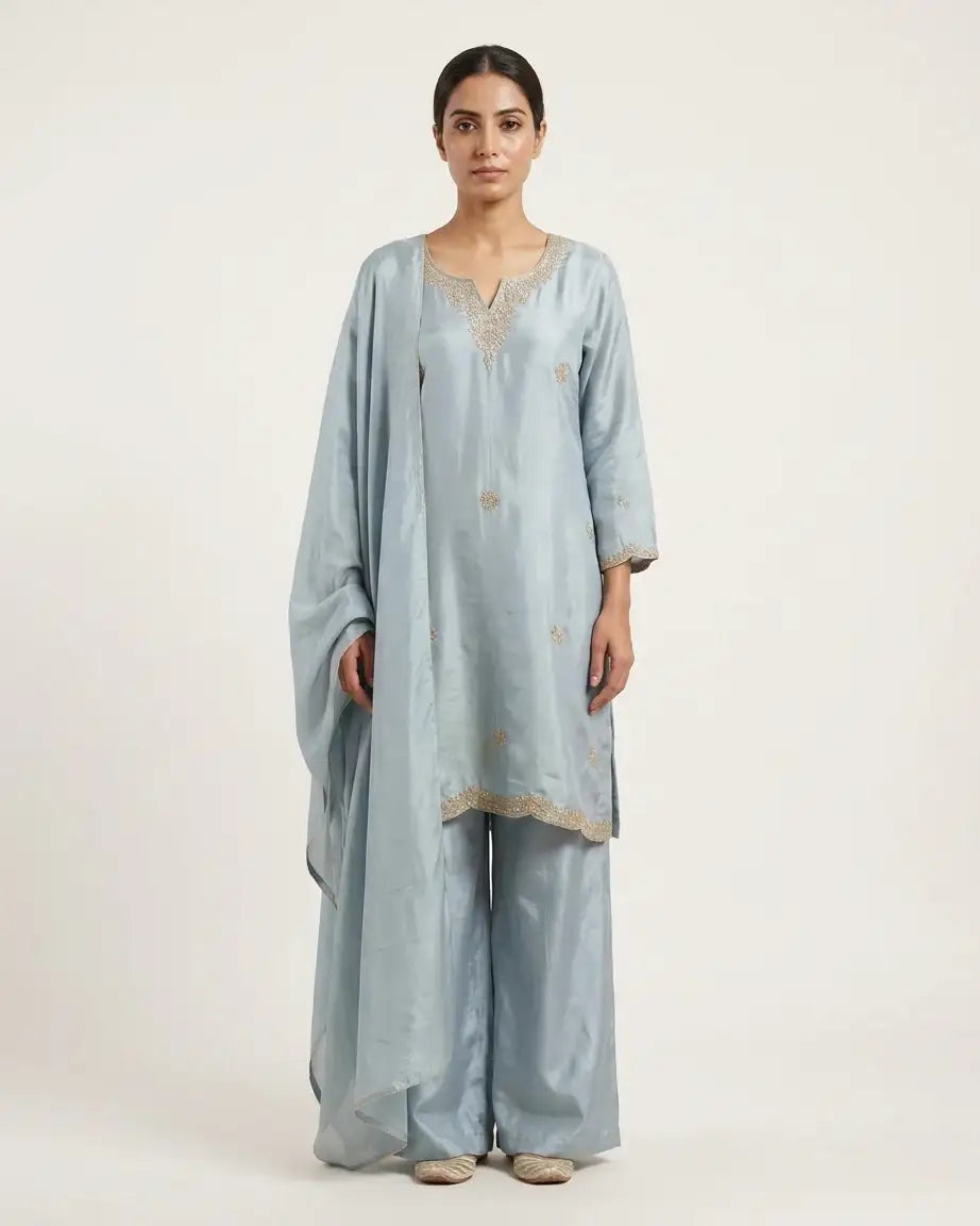 Tissue Short Kurta & Palazzo Set — Ice Blue | Pearl Zardozi Neckline | Scalloped Gold Zari Border | M'Foks