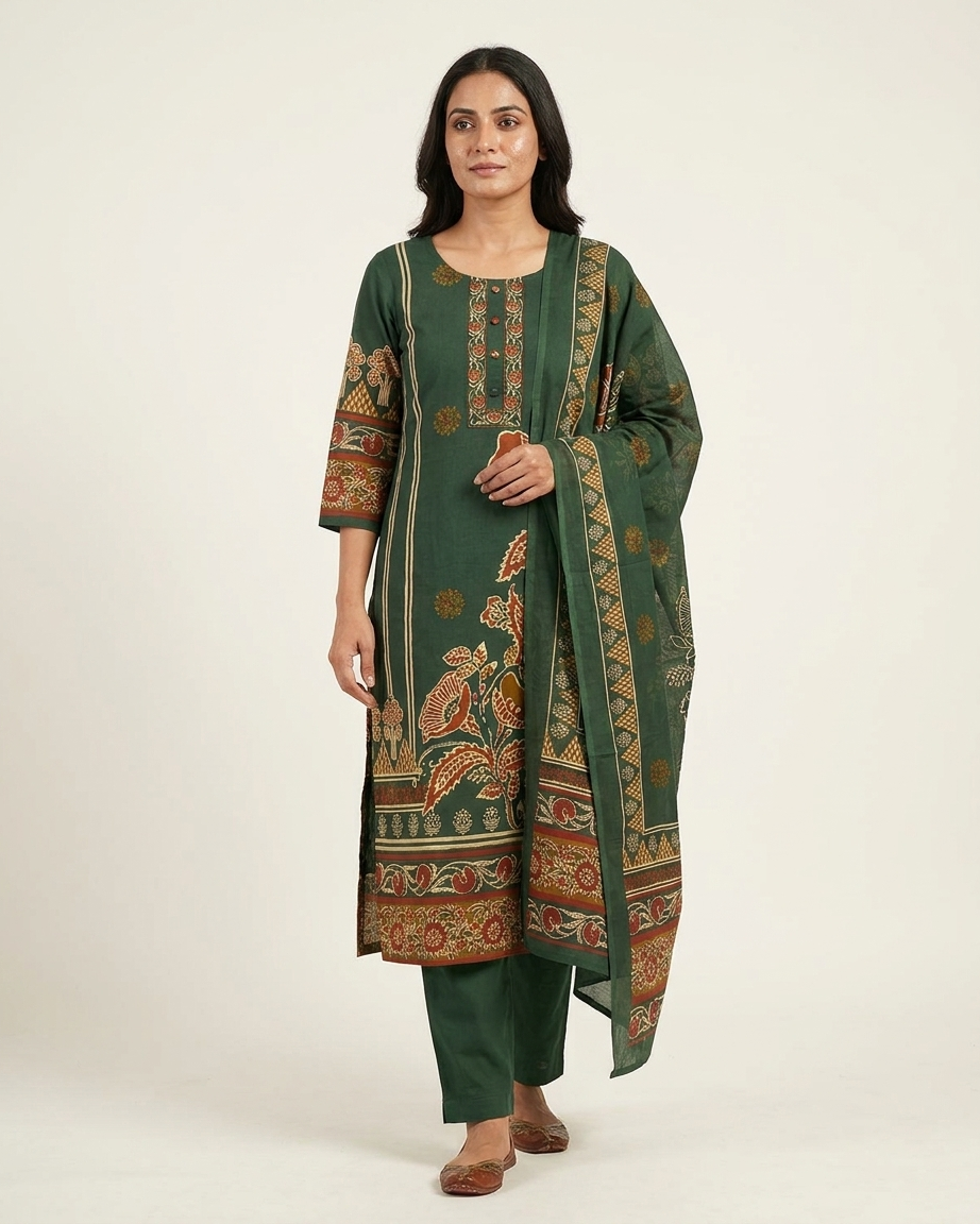 Forest Green Pure Cotton Straight Suit