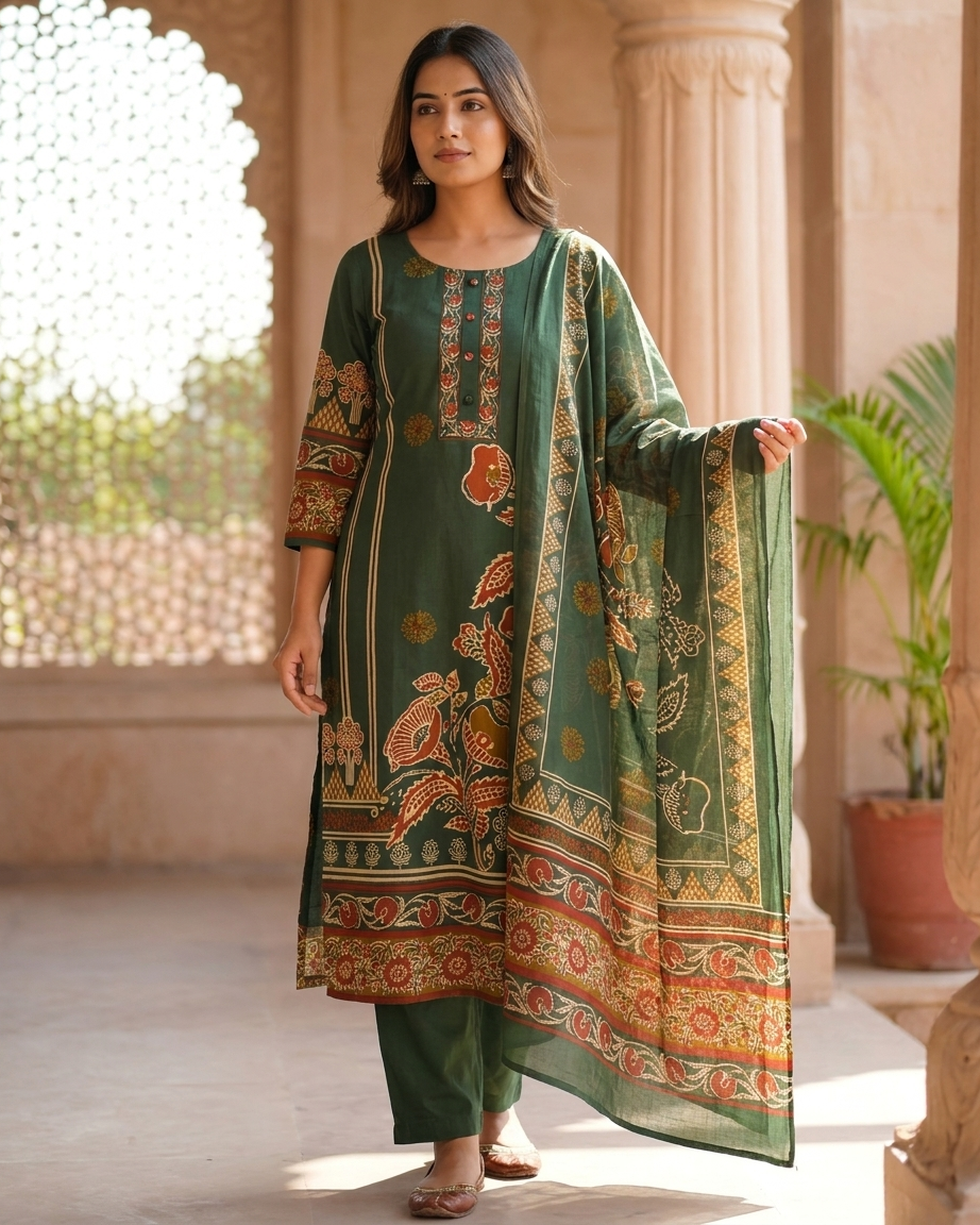 Forest Green Pure Cotton Straight Suit