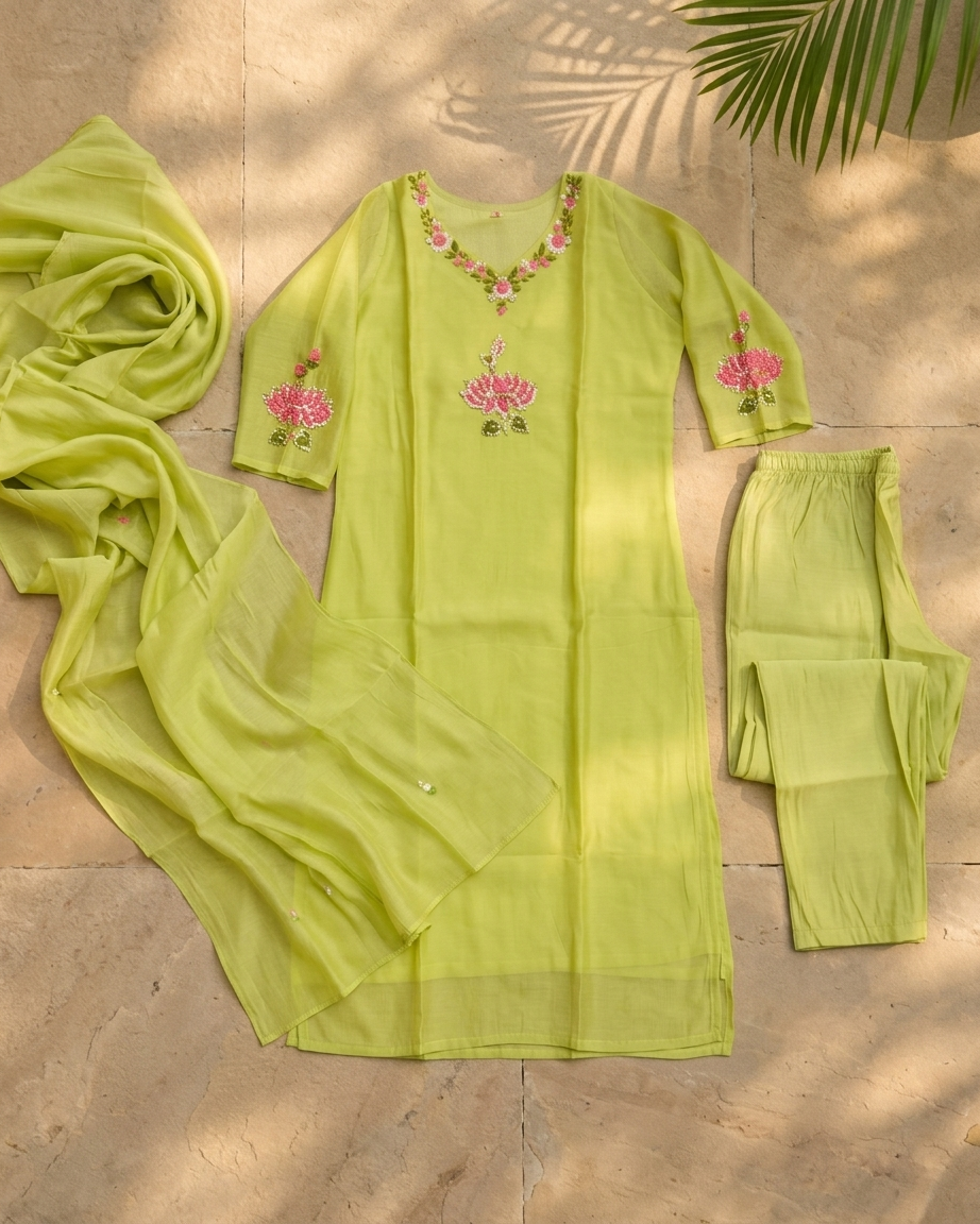 Lime Green Mal Chanderi Straight Suit