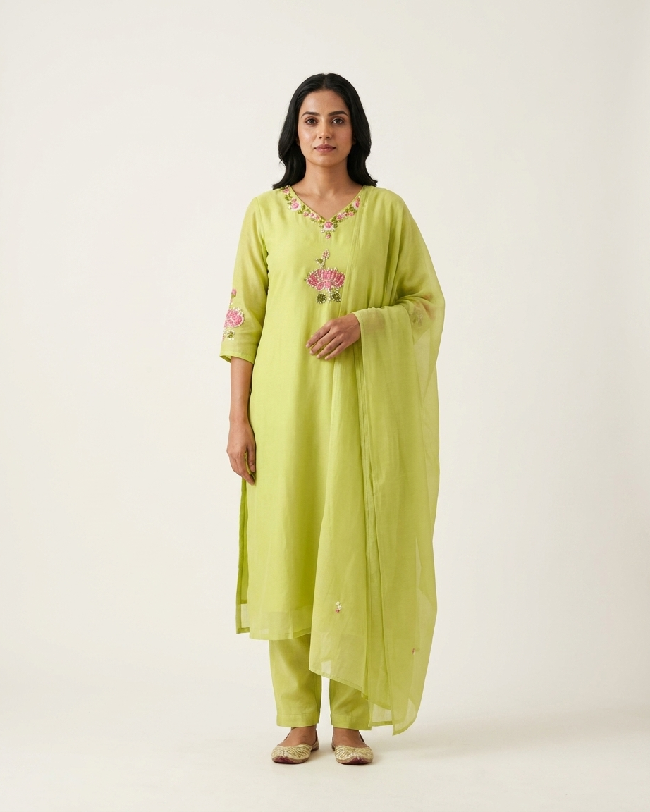 Lime Green Mal Chanderi Straight Suit