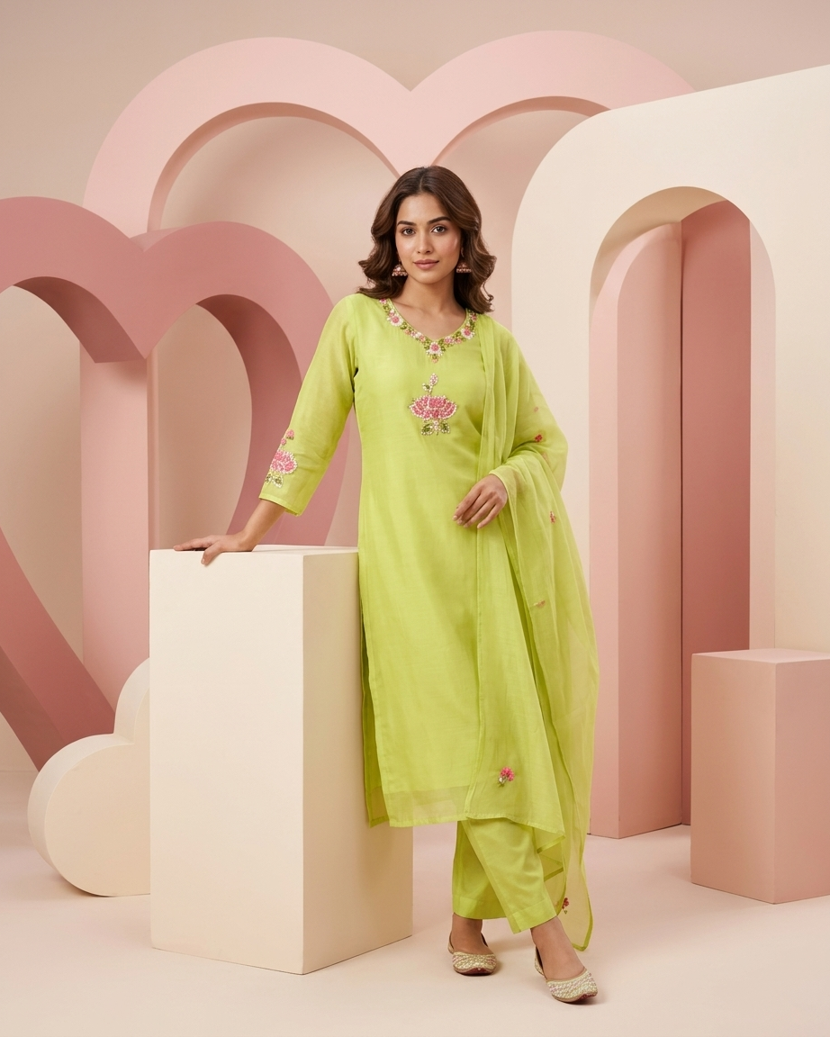 Lime Green Mal Chanderi Straight Suit