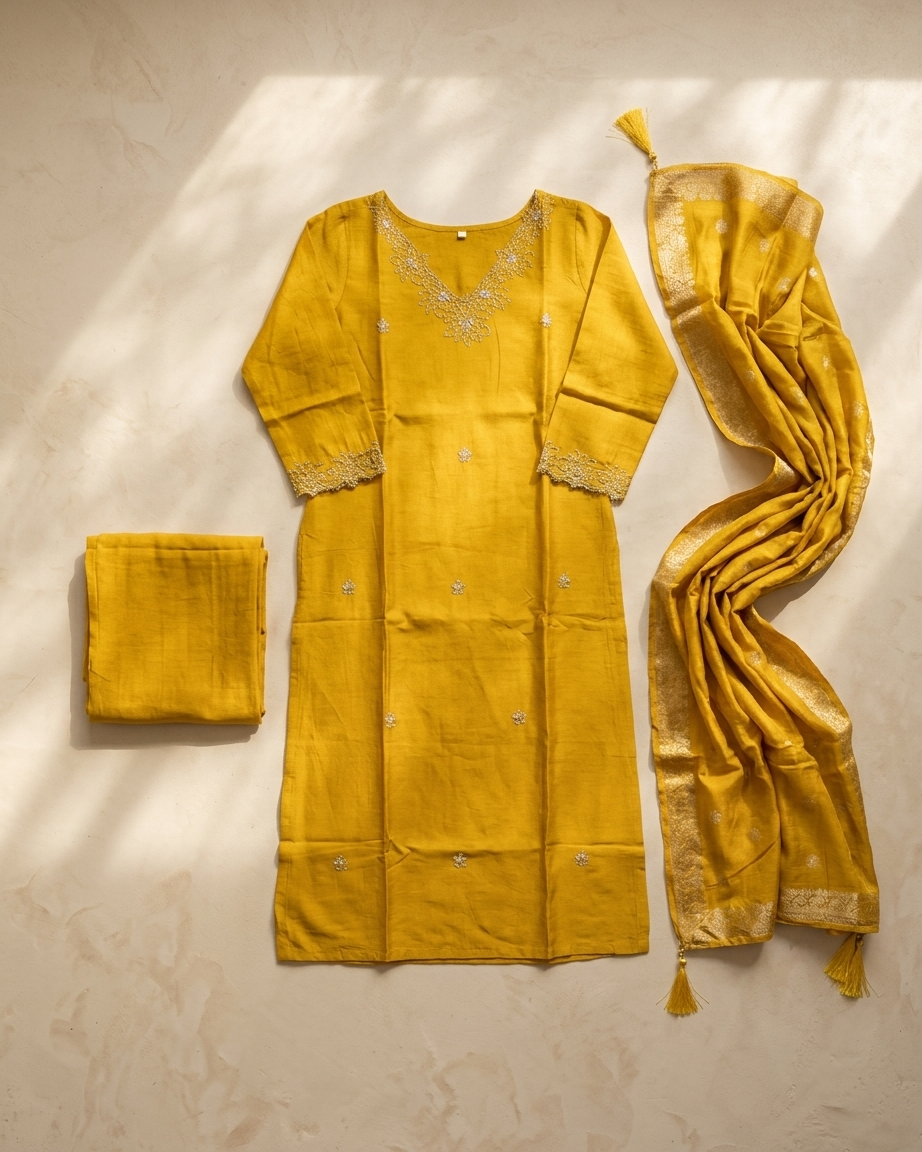 Golden Yellow Dola Silk Straight Suit