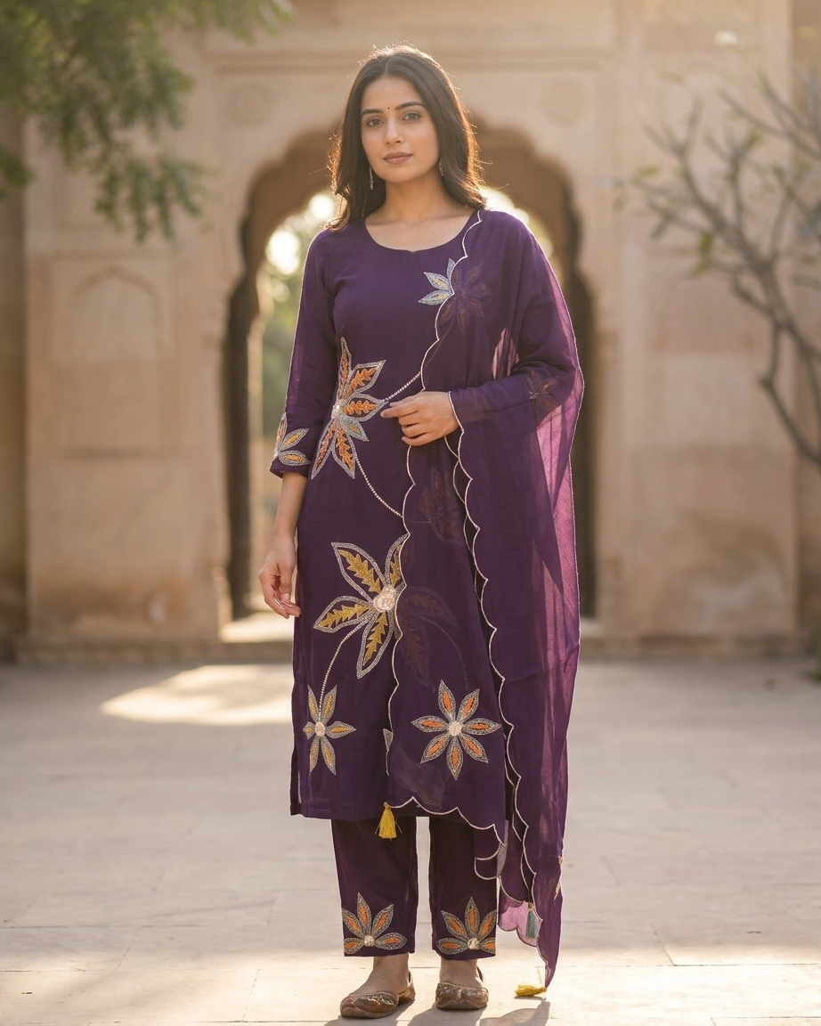 Deep Purple Mal Chanderi Straight Suit