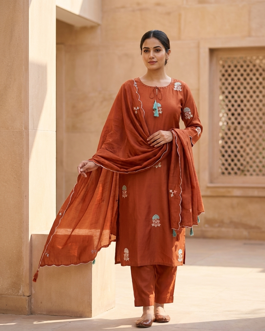Rust Orange Mal Chanderi Straight Suit