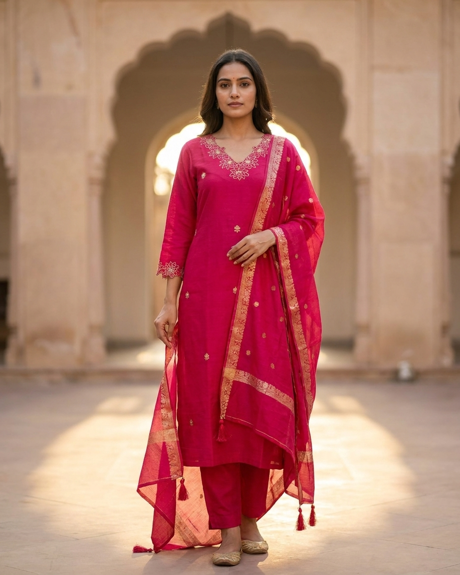 Deep Magenta Dola Silk Straight Suit