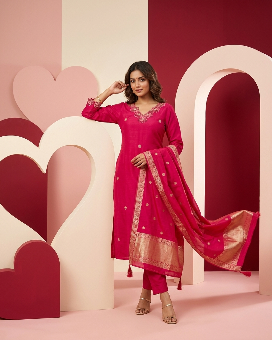 Deep Magenta Dola Silk Straight Suit