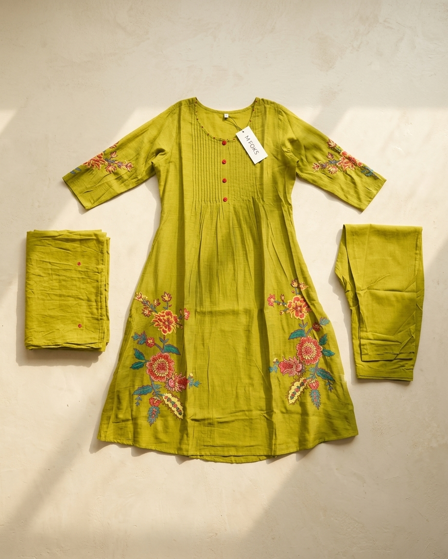 Olive Green Handpainted Mal Chanderi A-Line Suit