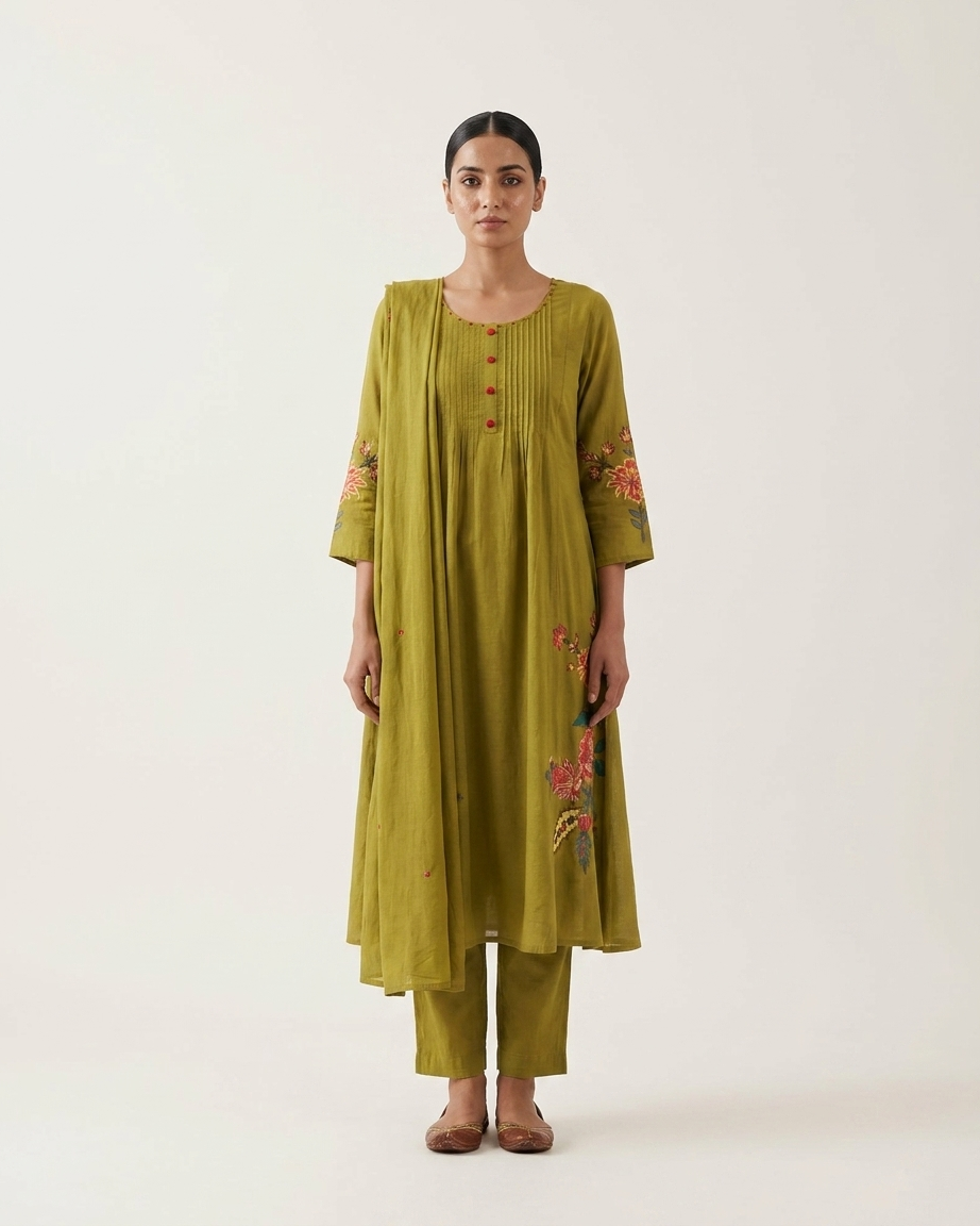 Olive Green Handpainted Mal Chanderi A-Line Suit