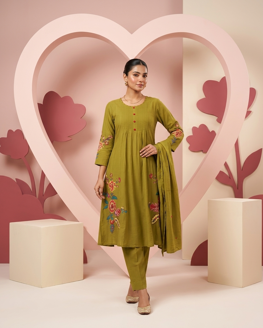 Olive Green Handpainted Mal Chanderi A-Line Suit