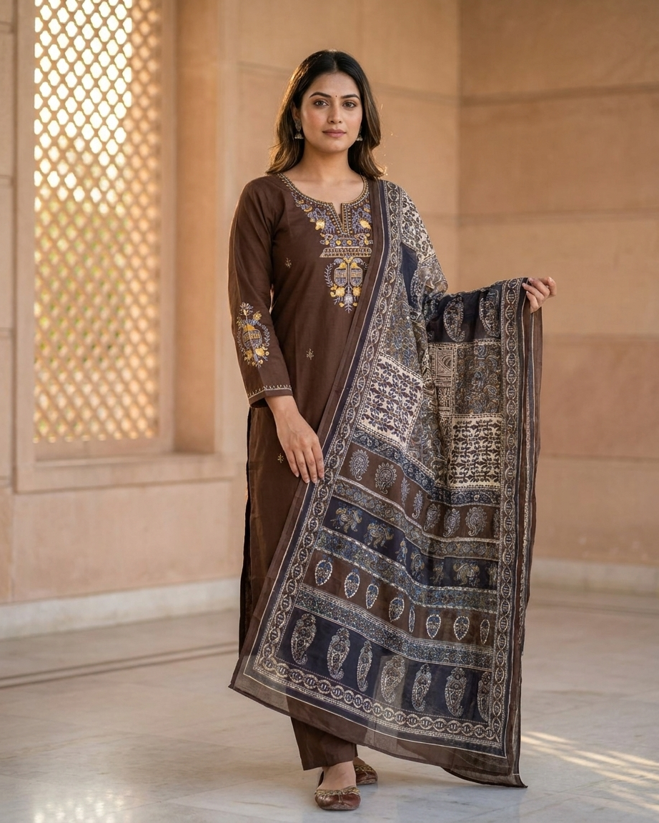 Chocolate Brown Pure Cotton Embroidered Suit