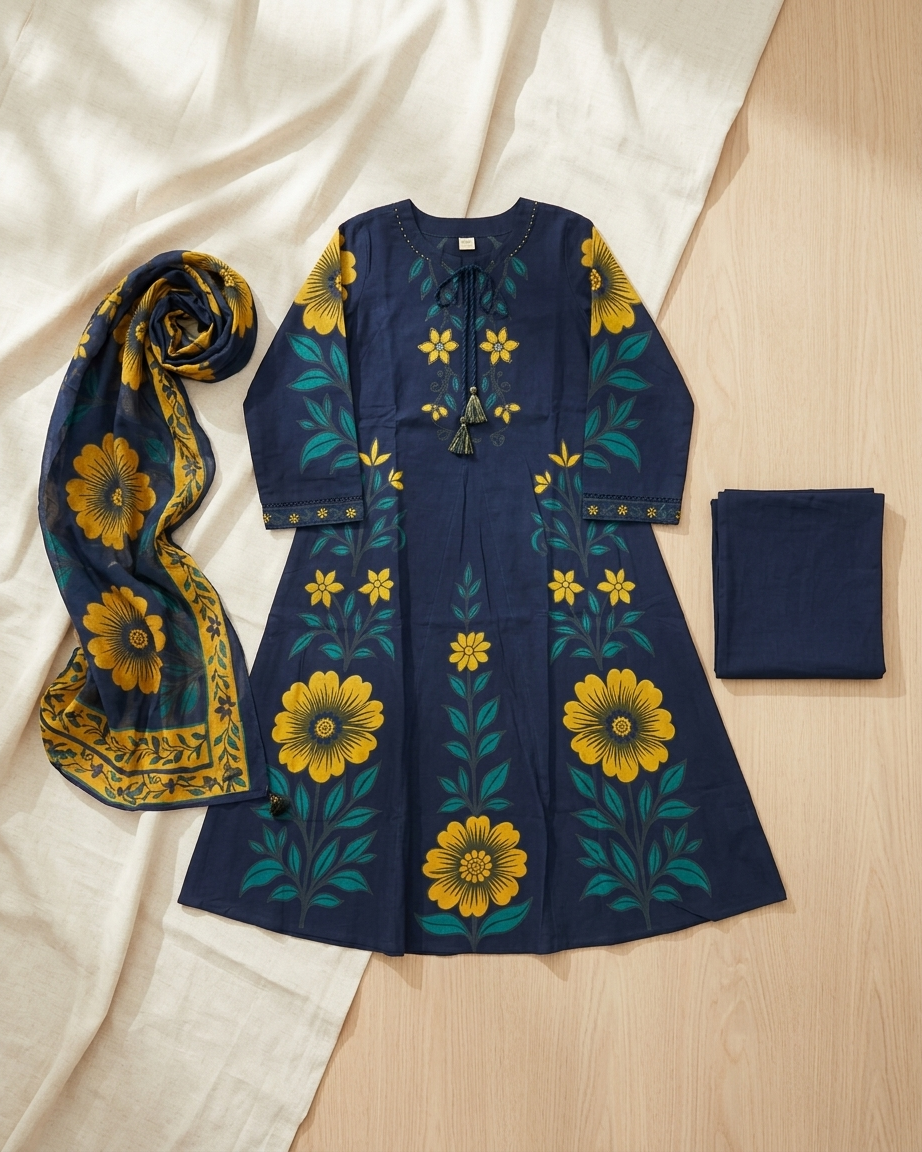 Navy Blue Sunflower Print Cotton A-Line Suit