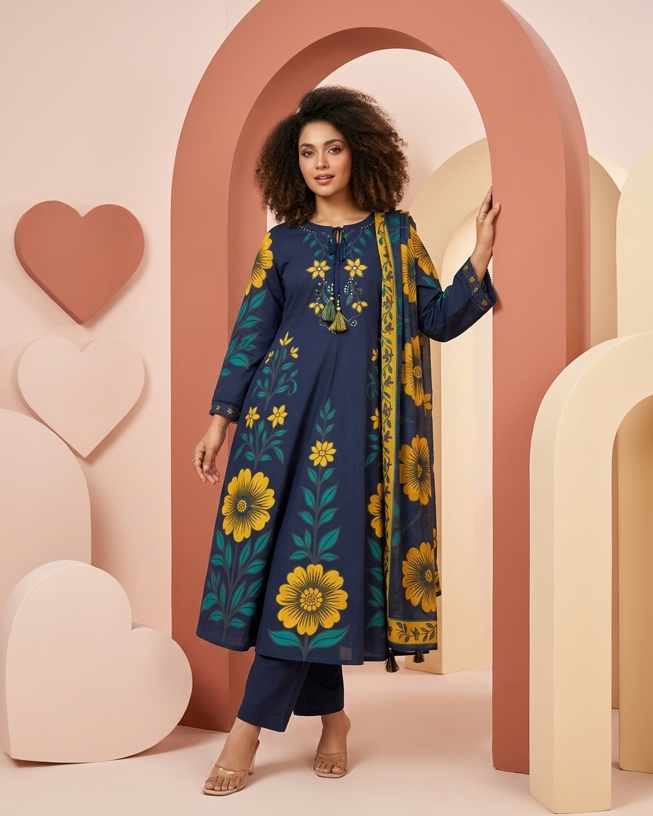 Navy Blue Sunflower Print Cotton A-Line Suit