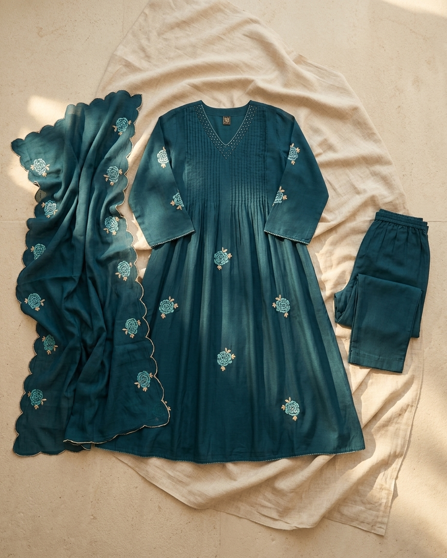Teal Blue Mal Chanderi A-Line Suit