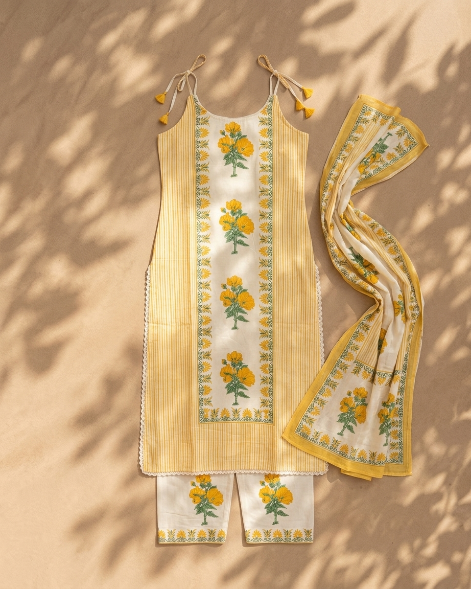 Yellow Mal Cotton Sleeveless Suit Set with Dupatta