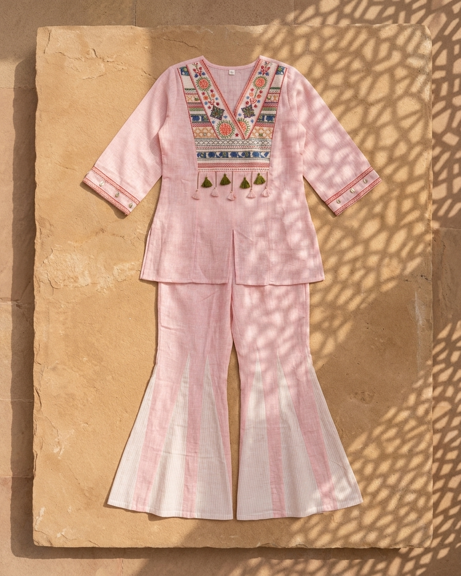 Pink Linen Cotton Embroidered Co-Ord Set with Tassel Detail
