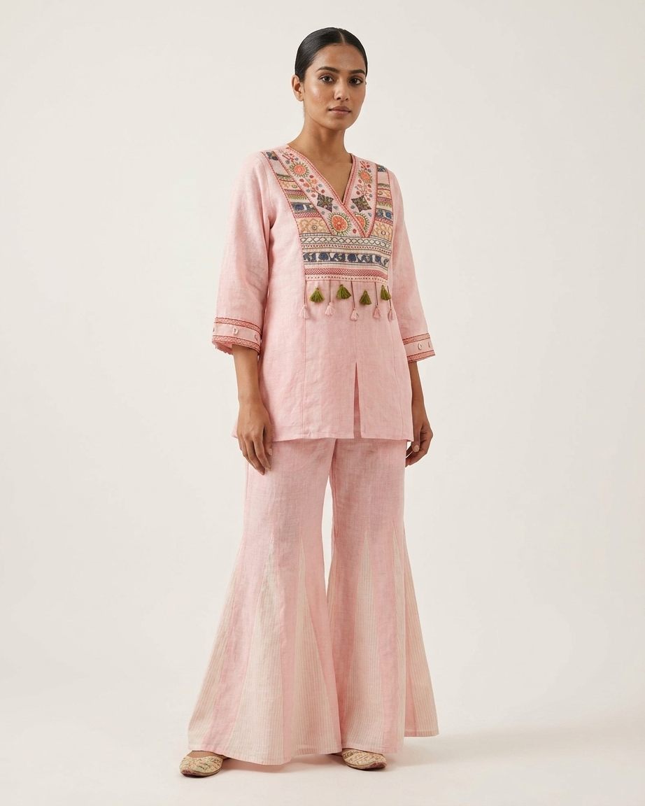 Pink Linen Cotton Embroidered Co-Ord Set with Tassel Detail