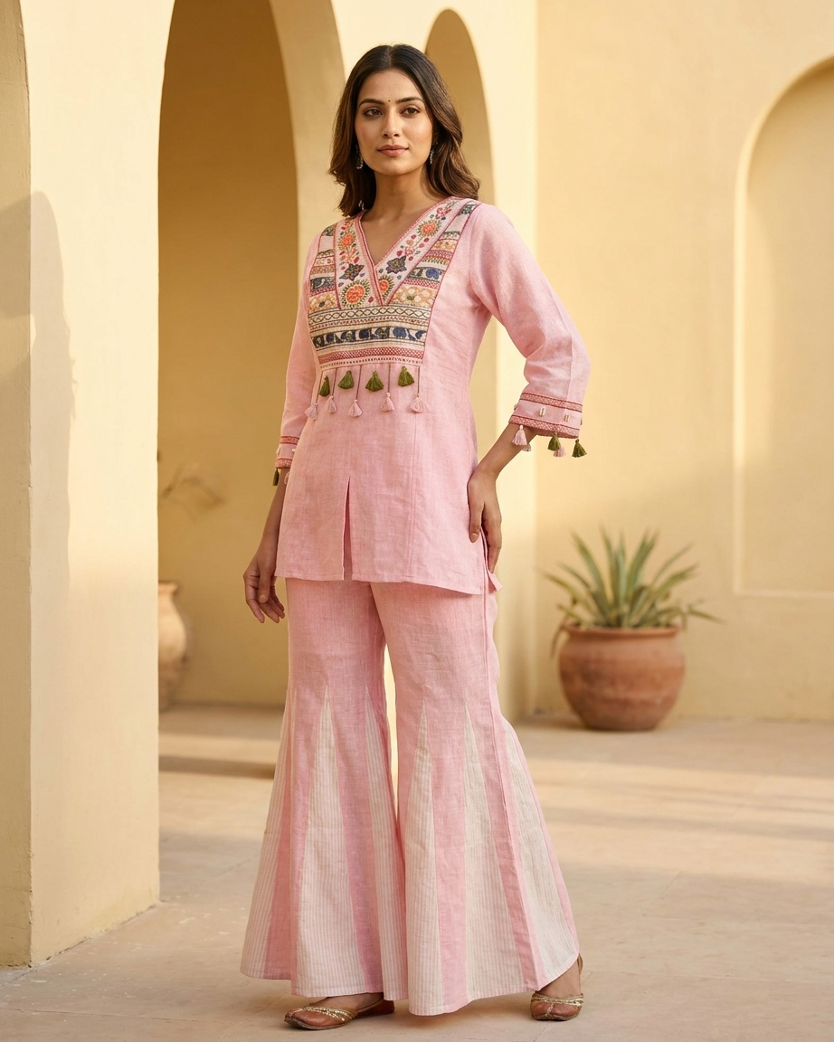 Pink Linen Cotton Embroidered Co-Ord Set with Tassel Detail