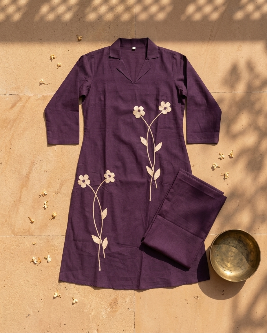 Pure Cotton Floral Appliqué Co-Ord Set – Deep Purple