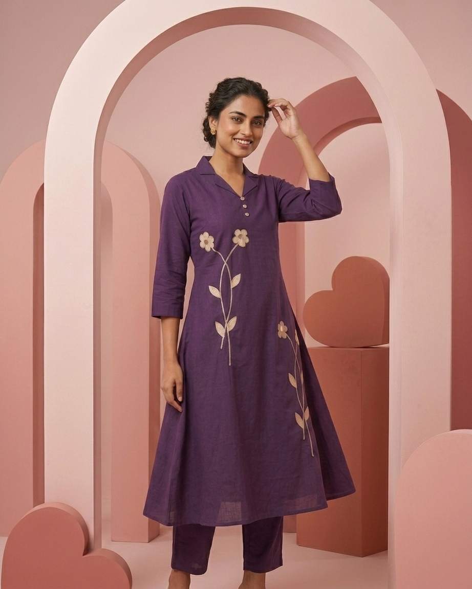 Pure Cotton Floral Appliqué Co-Ord Set – Deep Purple