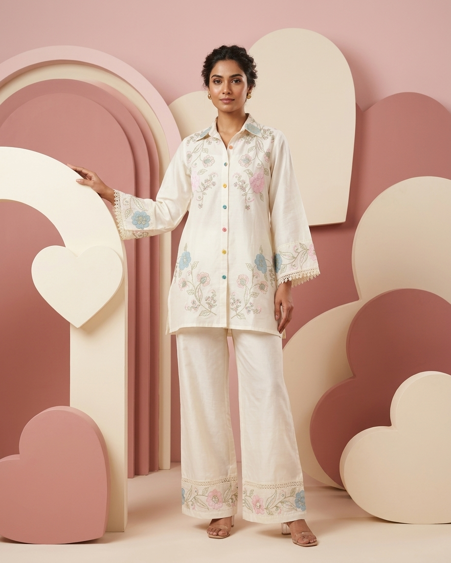 Pure Mal Cotton Thread Work Co-Ord Set – Ivory Floral Embroidered