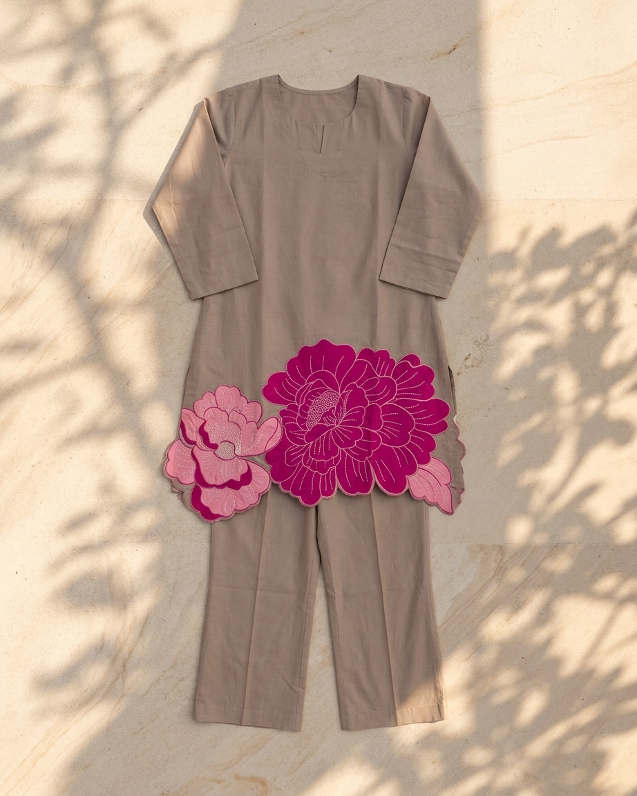 Beige Stretch Cotton Floral Appliqué Co-Ord Set