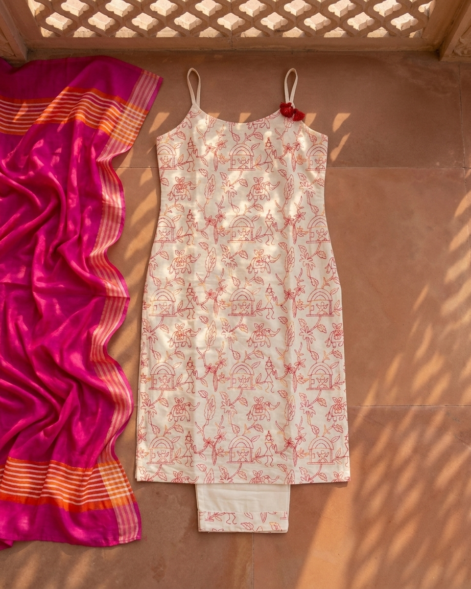 Premium Mal Cotton Sleeveless Thread Work Kurta Set with Leheriya Contrast Dupatta