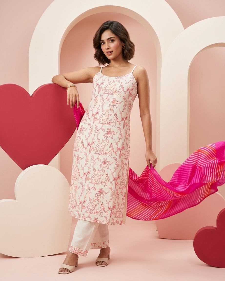 Premium Mal Cotton Sleeveless Thread Work Kurta Set with Leheriya Contrast Dupatta