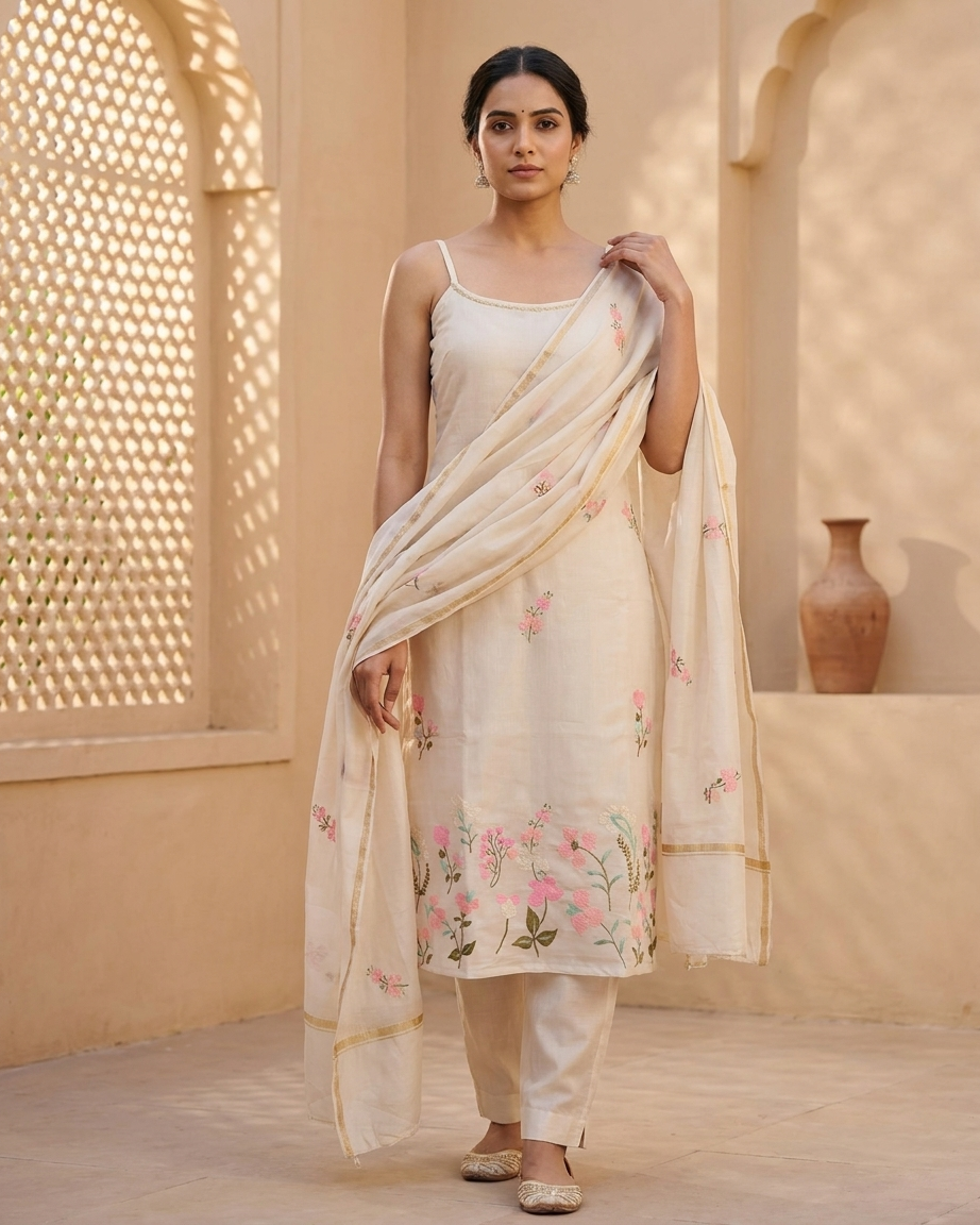 Mfoks Malchanderi Floral Thread Embroidered Kurta Set with Dupatta