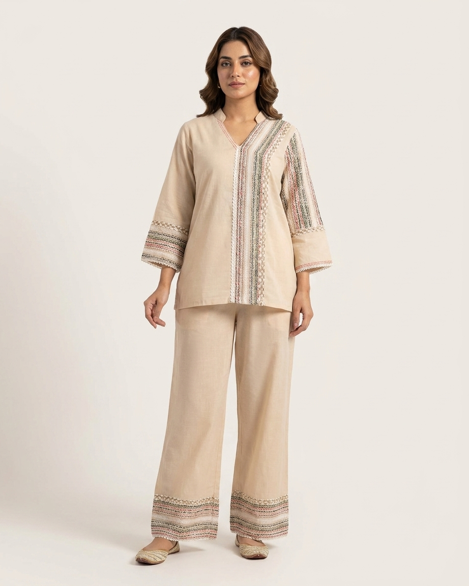 Premium Mal Cotton Designer Co-Ord Set – Beige Woven Lace Detail