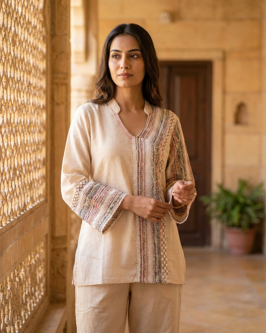 Premium Mal Cotton Designer Co-Ord Set – Beige Woven Lace Detail