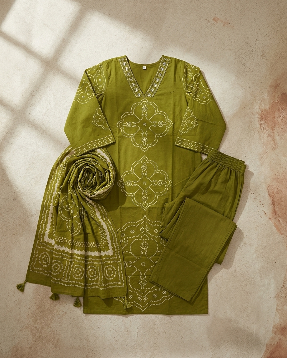 Pure Cotton Suit Set with Minimal Beads Work on Neckline | Lime Green Ethnic Wear