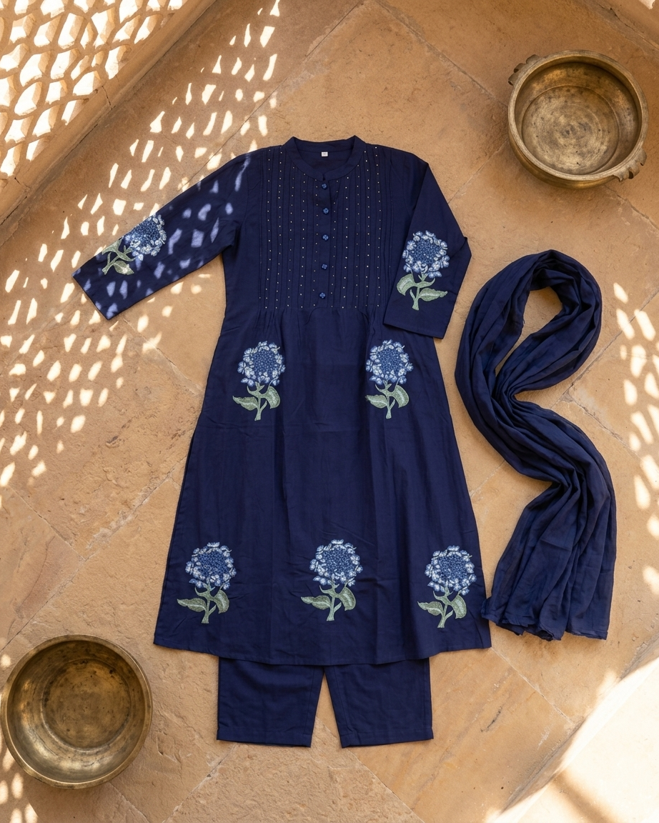 Pure Cotton A-Line Suit Set with Floral Embroidery | Navy Blue Ethnic Wear