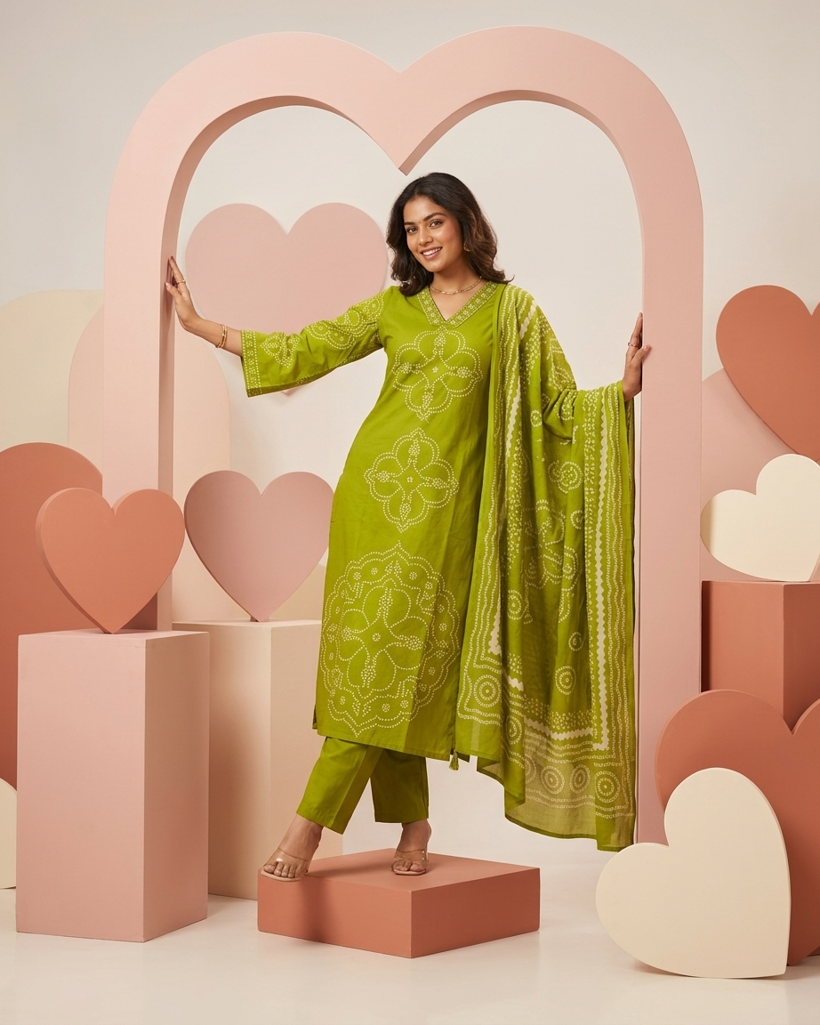 Pure Cotton Suit Set with Minimal Beads Work on Neckline | Lime Green Ethnic Wear