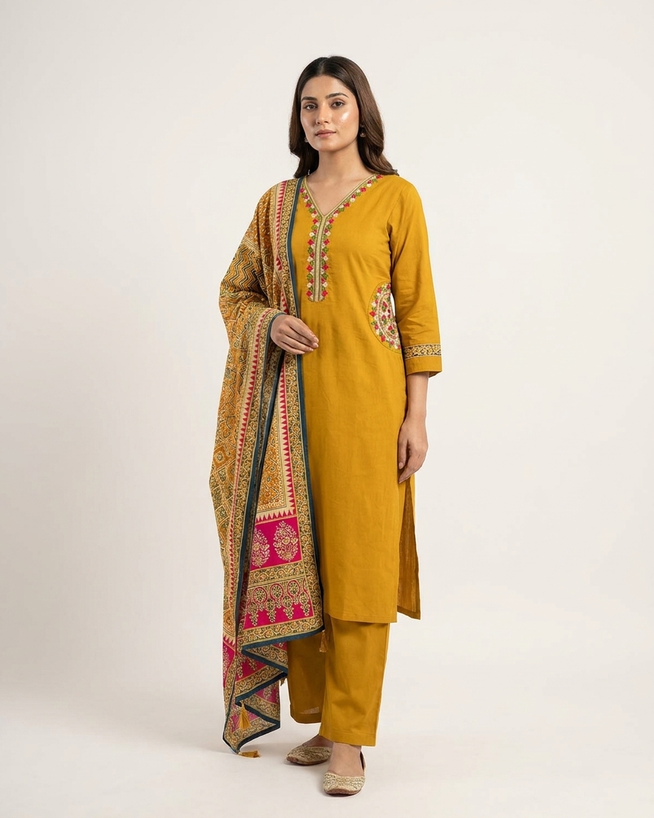 Pure Cotton Suit Set with Thread Embroidery & Side Pocket Detail | Mustard Yellow