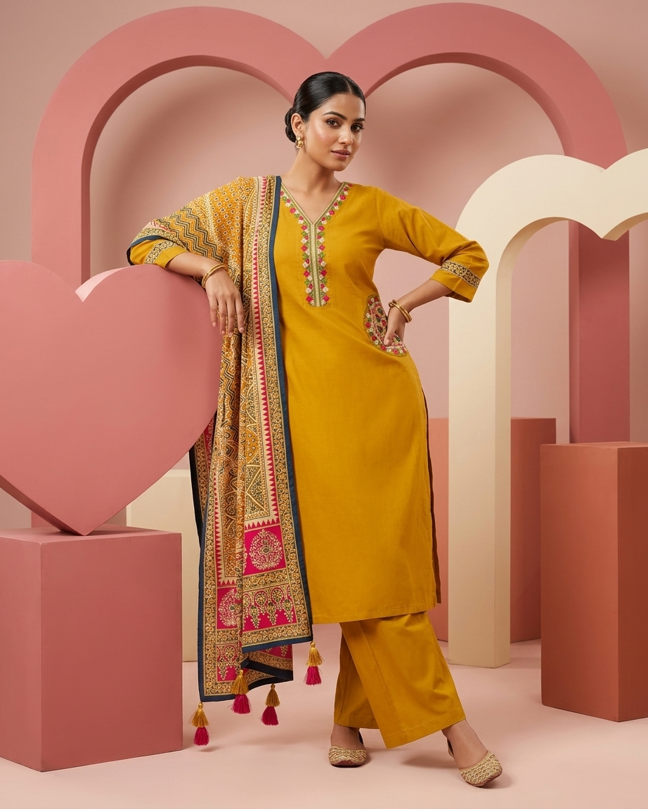 Pure Cotton Suit Set with Thread Embroidery & Side Pocket Detail | Mustard Yellow