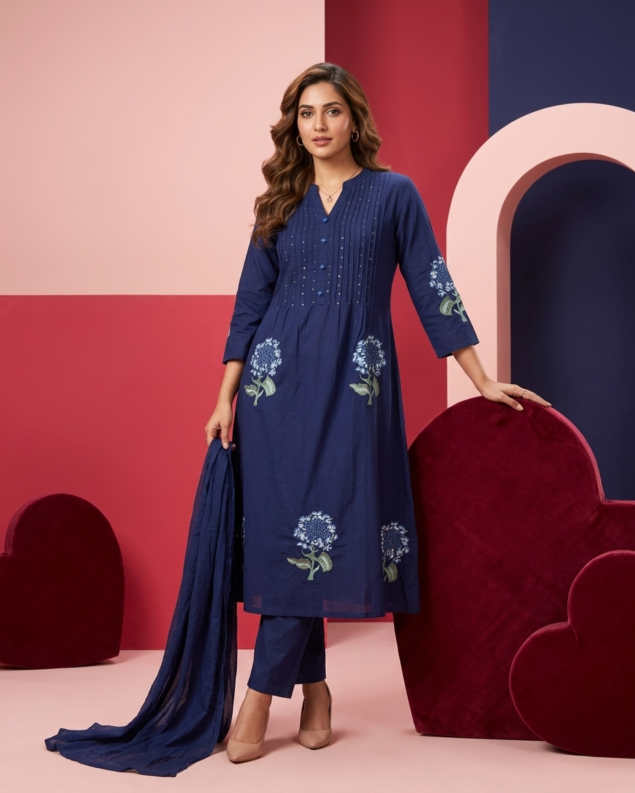 Pure Cotton A-Line Suit Set with Floral Embroidery | Navy Blue Ethnic Wear