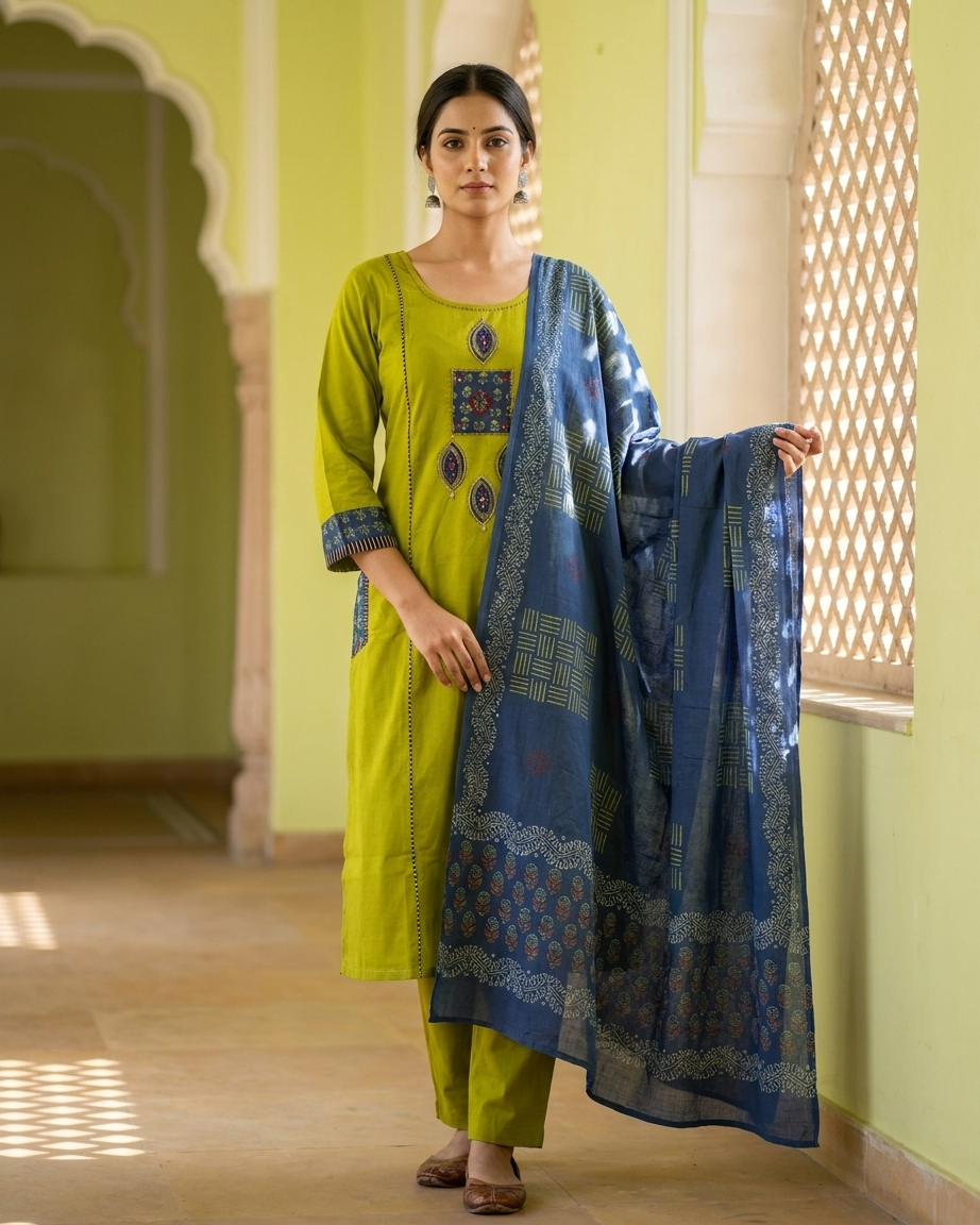 Pure Cotton Suit Set with Indigo Block Print Dupatta | Lime Green & Navy Blue