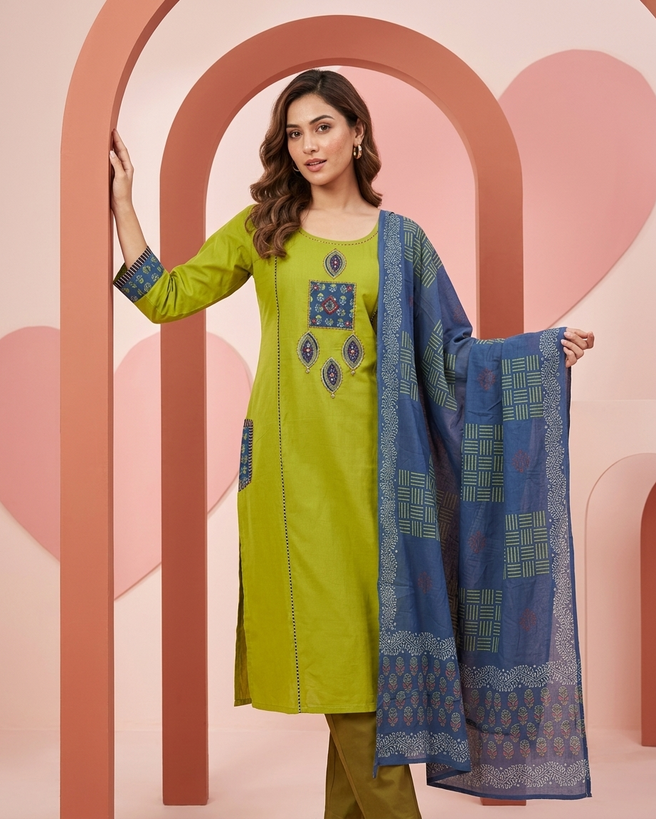 Pure Cotton Suit Set with Indigo Block Print Dupatta | Lime Green & Navy Blue