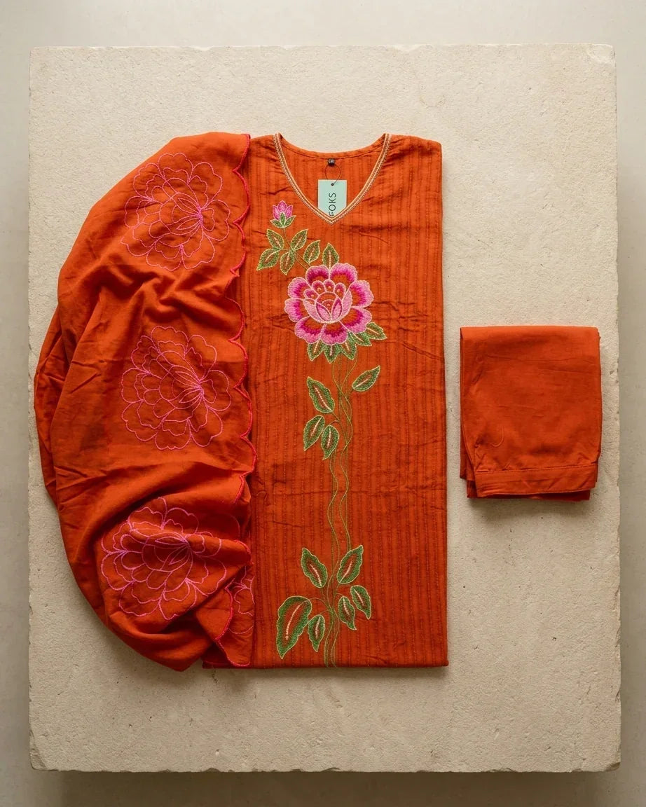 Pure Cotton Knitted Pattern Fabric with Floral Thread Work | Orange Ethnic Wear Suit Set