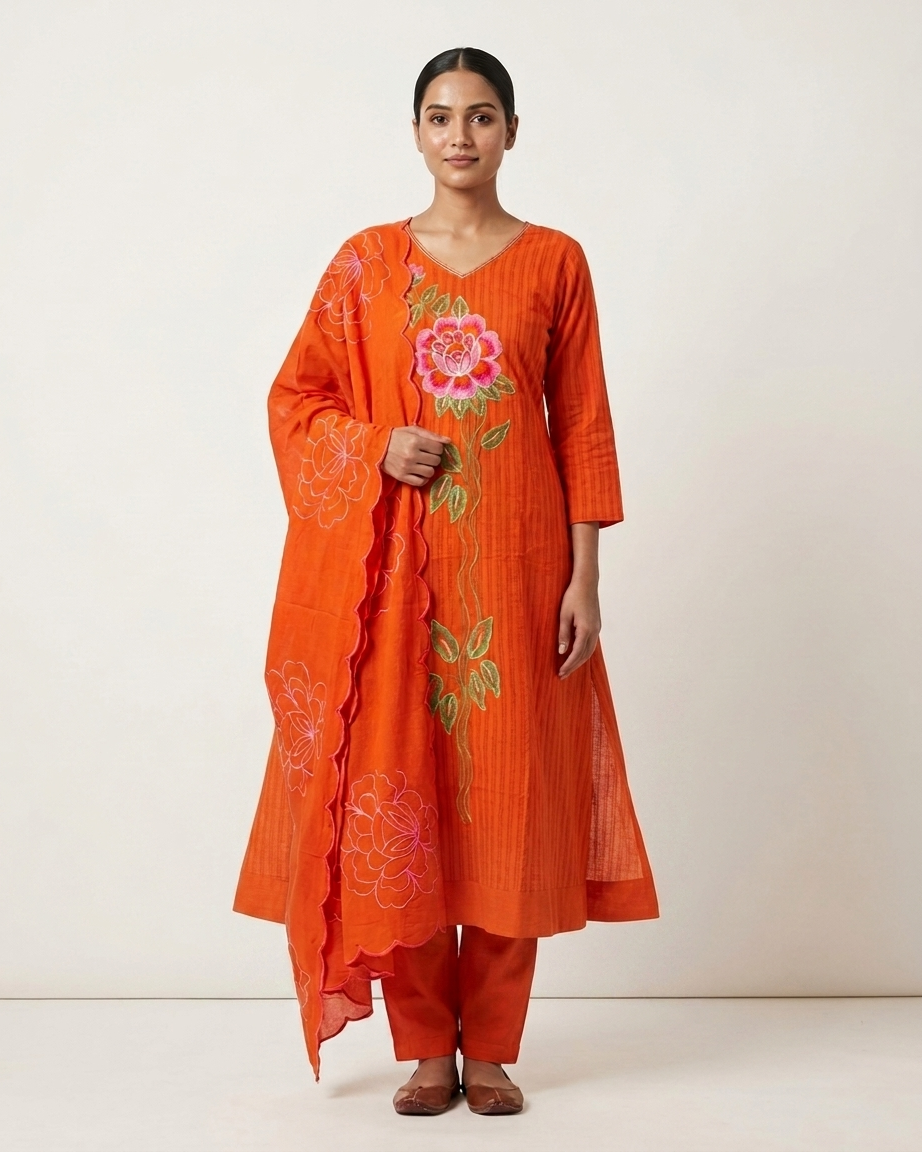 Pure Cotton Knitted Pattern Fabric with Floral Thread Work | Orange Ethnic Wear Suit Set